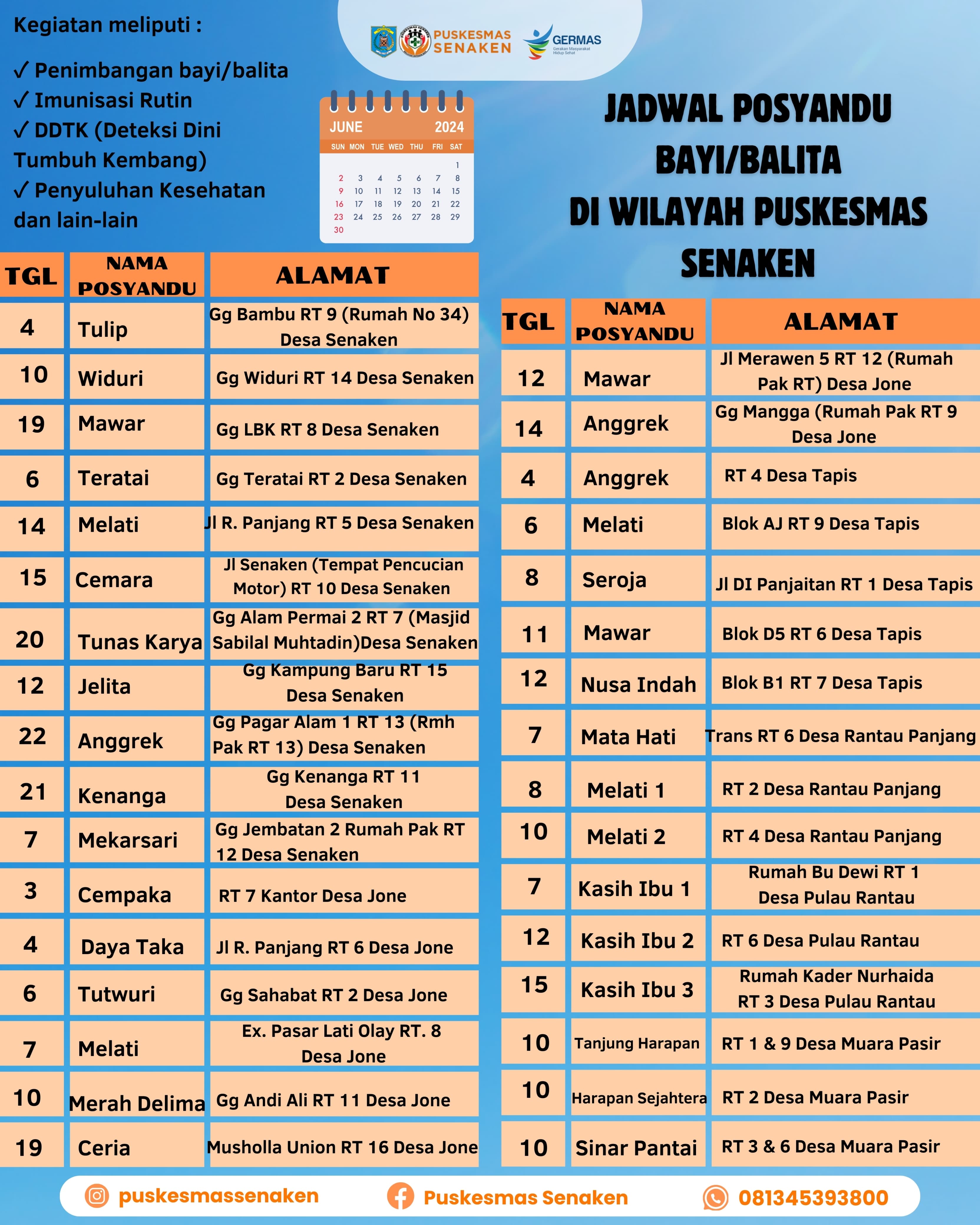 JADWAL POSYANDU BAYI/BALITA DI WILAYAH PUSKESMAS SENAKEN BULAN JUNI 2024