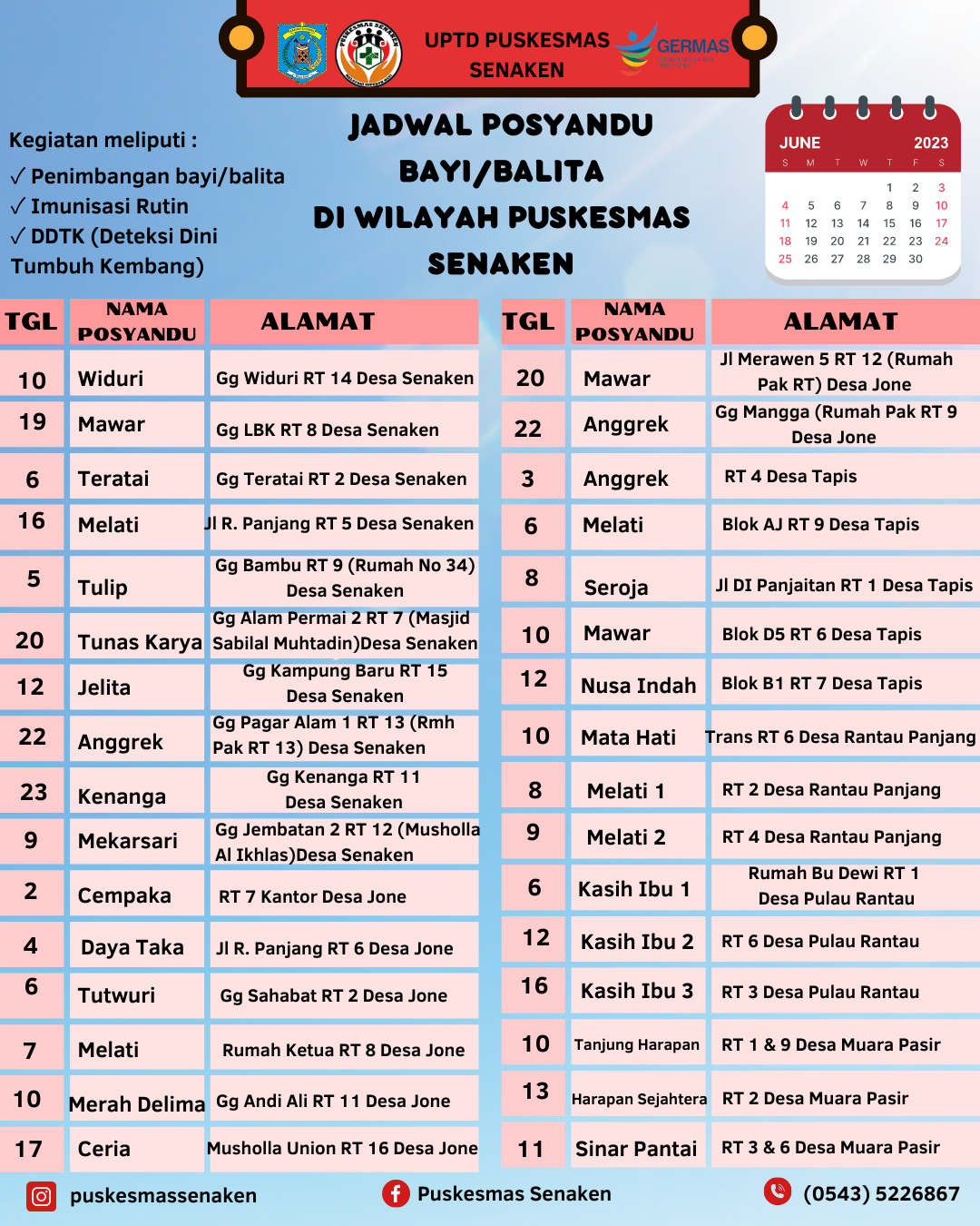 Jadwal Posyandu Bayi/ Balita bulan Juni 2023 di wilayah Puskesmas Senaken