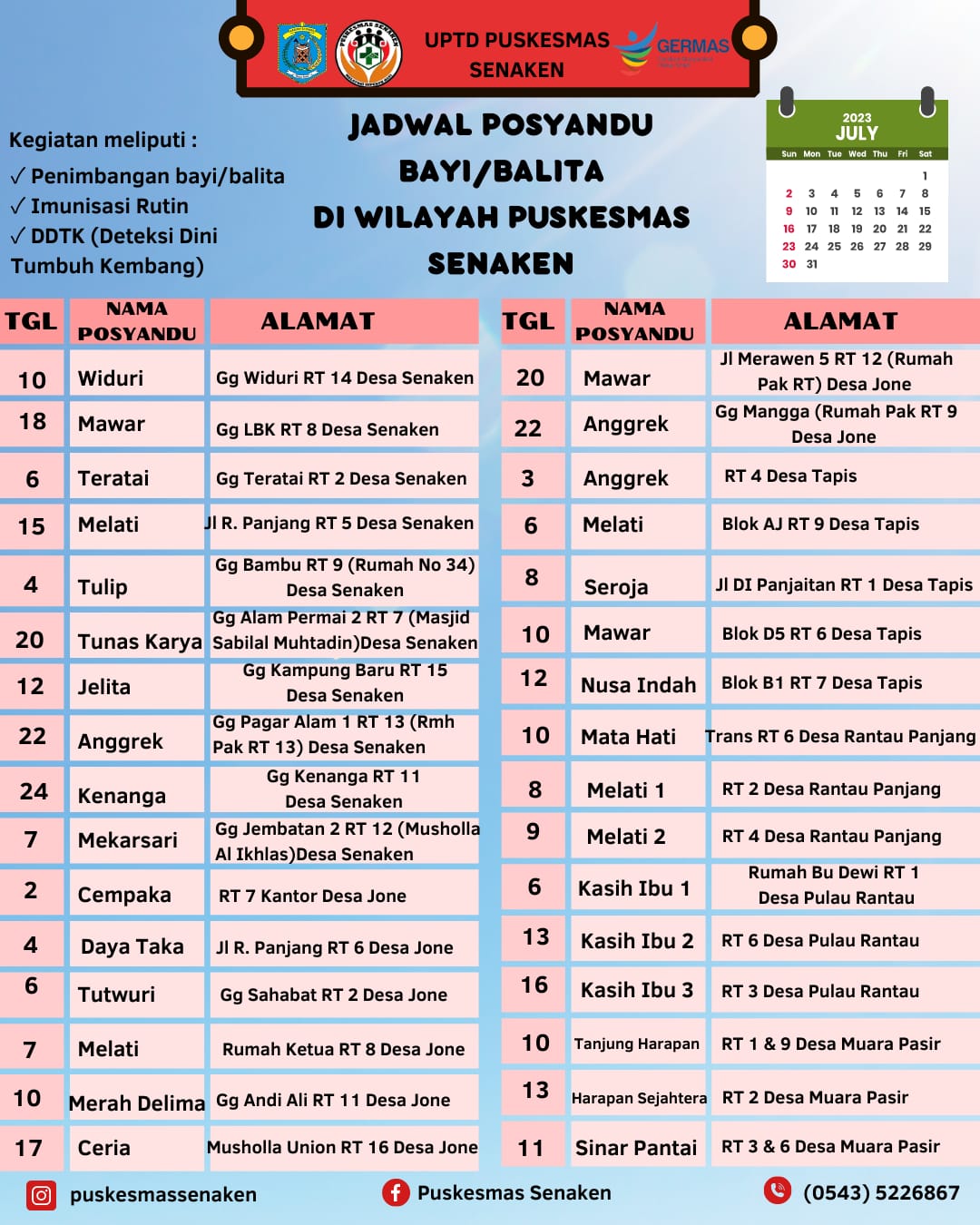 JADWAL POSYANDU BAYI/BALITA BULAN JULI TAHUN 2023