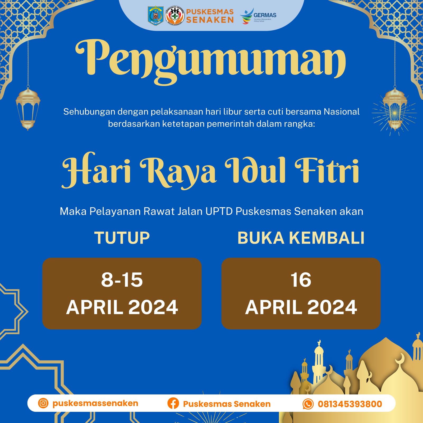 Pengumuman Penting! Libur Hari Raya Idul Fitri dan Cuti Bersama Puskesmas Senaken